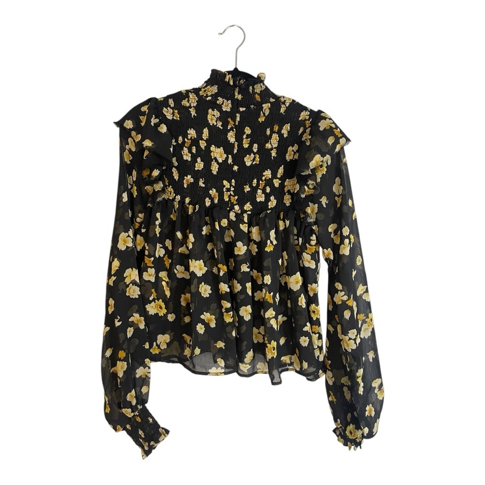 Elegant Floral Black and Yellow Ruffled Puff Sleeve Blouse - Picture 8 of 9